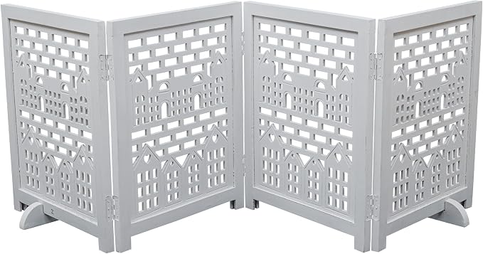 Freestanding Pet Gate for Dogs, Foldable Wooden Dog Gate for House, Indoor Dog Gate for Stair, Doorway, House Design Gates for Dogs Indoor, 72 Inch Wide, (18" x4 Panels =72 inch), White Antique