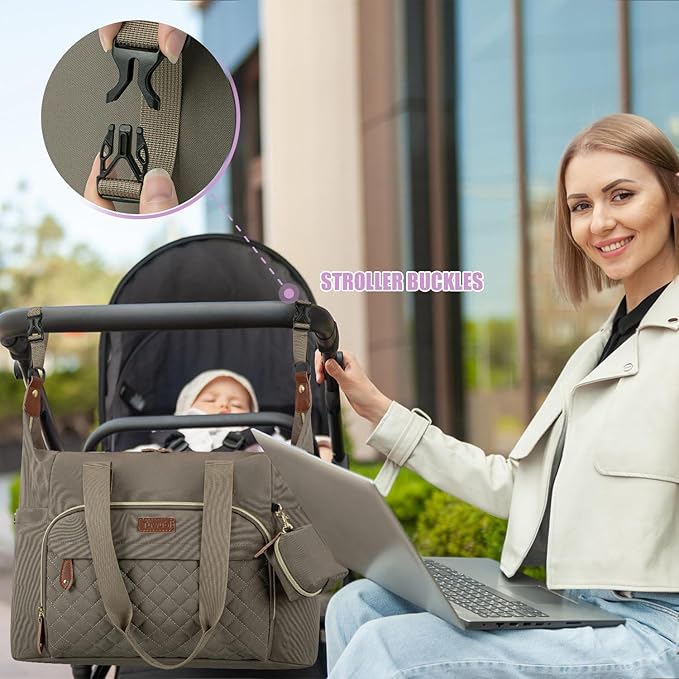 Tuwubi Diaper Bag Tote,Baby Diaper Bag with Pacifier Case Large Travel Diaper Tote Caddy for Mom and Dad Multifunction Large Baby Bag - Khaki