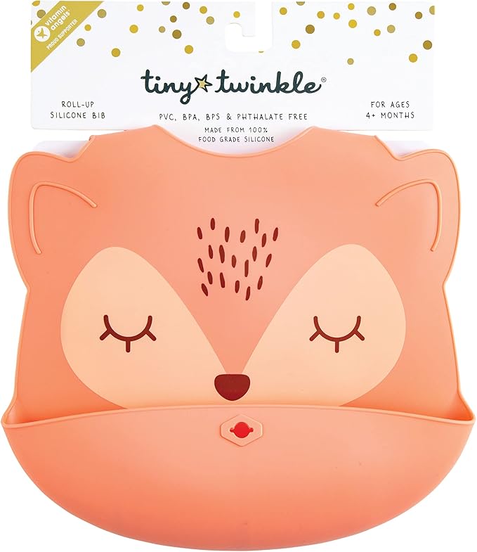 Tiny Twinkle Roll-Up Silicone Bib - Soft, Durable, Easy Clean Waterproof Silicone Bibs With Food Catcher (Coral, Infant)