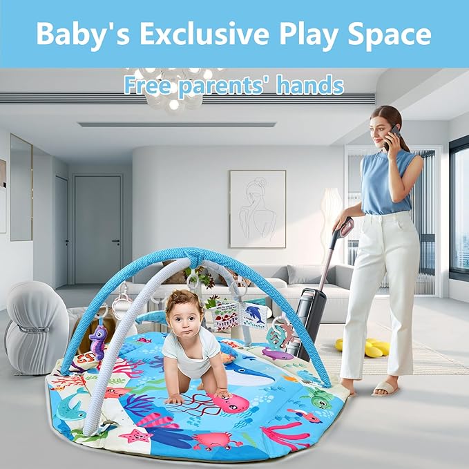 Baby Gym Play Mat, 8-in-1 Tummy Time Mat & Activity Gym, Washable Ball Pit, Infant Play Mat with Detachable Toys for Sensory Exploration and Motor Skill Development