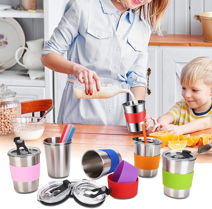 ShineMe Toddler Cups with Straws Spill Proof 6pack, 8oz Small Stainless Steel No Spill Sippy Cup, Unbreakable Kids Cups with Lids and Colorful Silicone Sleeves for Hot/Cold Drinks Snacks