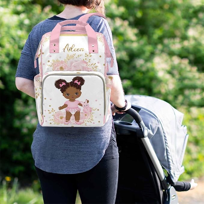M YESCUSTOM Customized Diaper Bag Backpack with Name Personalized Pink Flower Mommy Bag for Mom Dad Unisex Multi Function Bag