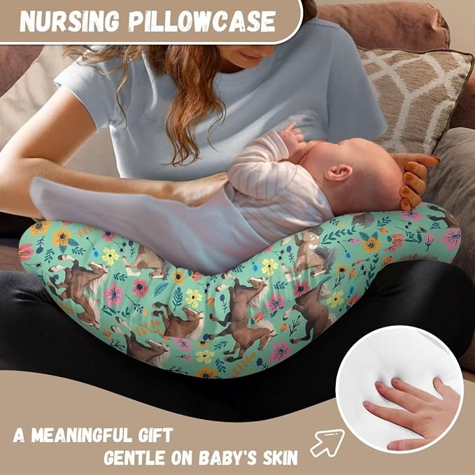 Green Floral and Horse Breastfeeding Pillow Slipcover for Baby Newborn U-Shaped Breastfeeding Pillowcase Cushion Cover Easy to Use and Dustptoof