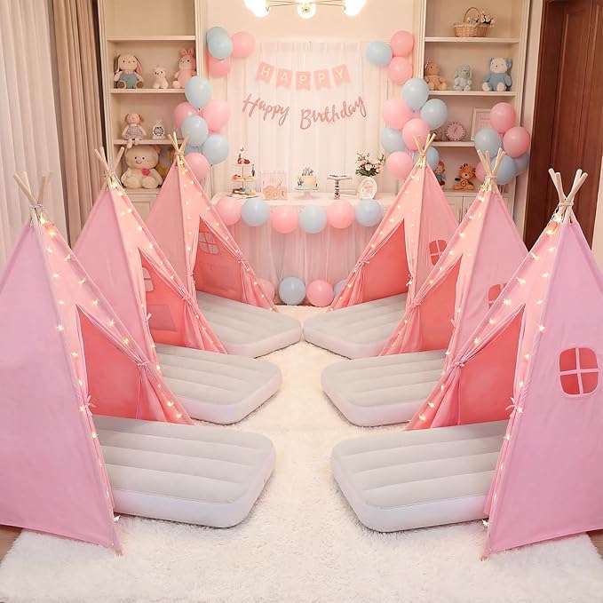 Wilwolfer Pink Sleepover Teepee Tent for Kids-2 Pack Tipi Playhouse for Kids with Lights& Flag& Inflatable Airbed -Indoor/Outdoor Foldable- Slumber Party Tent -Sleepover Party Supplies