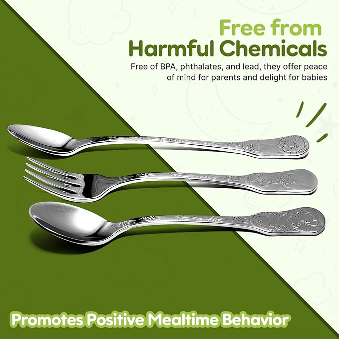 Kleynimals Safari Friends Made in USA Baby Flatware ??100% Stainless Steel Baby Forks and Spoons, Non-Toxic, BPA-Free, Eco-Friendly, Dishwasher Safe ??Safe Utensils for Babies & Toddlers
