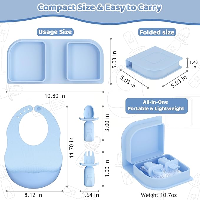 Blue Silicone Foldable Feeding Set, Travel Baby Feeding Supplies Including Toddler Plates, Silicone Baby Spoon&Fork, Adjustable Foldable Bib, Portable Infant Toddler Utensils