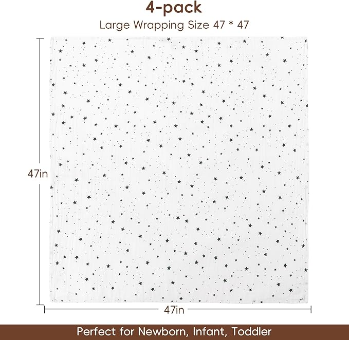 david's kids 4 Pack Baby Muslin Swaddle Blankets, 100% Cotton and Ultra Soft Breathable Receiving Blanket Wrap for Boys Girls, New Born Essentials, Large 47 x 47 inches, Space&Stars