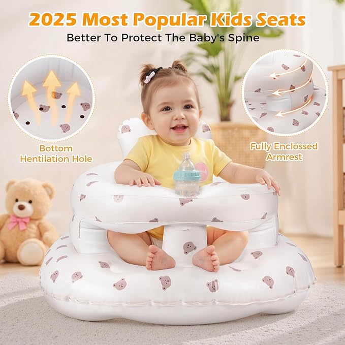 Inflatable Baby Seat for Babies 3??6 Months, Aloxina Sit Me Up Floor Chair with Built-in Air Pump, Extra-Wide Base & Anti-Tip Support, Infant Chair for Sitting & Feeding ??Bear