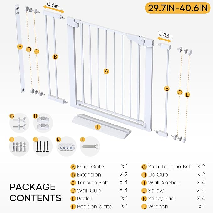 Cumbor 29.7-40.6" Baby Gate for Stairs, Mom's Choice Awards Winner-Dog Gate for Doorways, Pressure Mounted Auto-Close Pet Gates for Dogs Indoor, Safety Child Gate with Easy Walk Thru Door, White