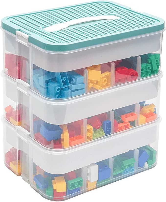 Plastic Storage Organizer for Lego Box Kids Child Toy Stackable Containers with Lids Bins 3 Layers Adjustable Compartments Building Blocks Chest Case