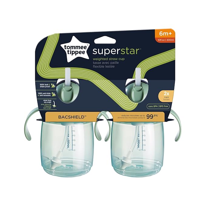 Tommee Tippee Superstar Weighted Straw Cup, 6m+, 10oz, Pack of 16 Spill-Proof Training Cup for Toddlers, Green, Leak and Shake-Proof, Easy-Hold Handles and BPA Free