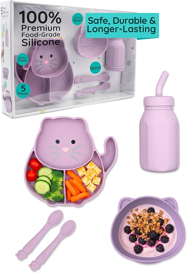 melii 5-Piece Silicone Baby Feeding Set | Divided Suction Plate, Suction Bowl, Straw Cup & Spoons, Food-Grade Silicone, BPA-Free, Dishwasher & Microwave Safe, BLW Toddler Set, Cat Design