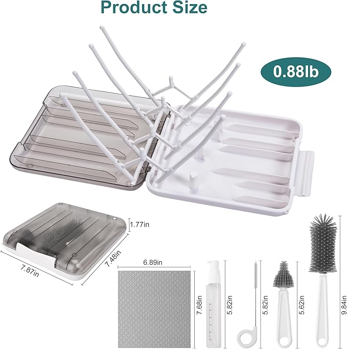Baby Bottle Brush, 7 in 1 Travel Bottle Cleaner Kit with Soap Dispenser, Bottle Drying Rack, Dishcloths, Portable Essentials for Home and Travel-White