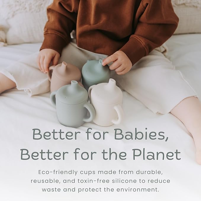 KIDSco. Silicone Sippy Cups (2 Pack) ??Soft Spout & Easy Grip Handles for Babies 6+ months, Plastic Free, Toxic Free Silicone, Leak-Resistant, Dishwasher Safe (Green and Sandy Shore)