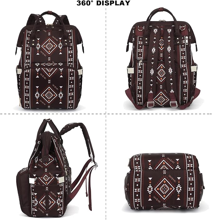 Boho Diaper Bag Backpack for Mom Dad, Multifunctional Bohemia Baby Nappy Backpack with Stroller Straps Insulated Pockets (Coffee)
