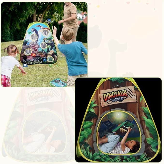 Dinosaur Kids Play Tent Indoor: Boys & Girls Playhouse Tents Indoor Outdoor - 4in1 Dinosaur Tent with-Dart Board & Bean Bag Toss Games