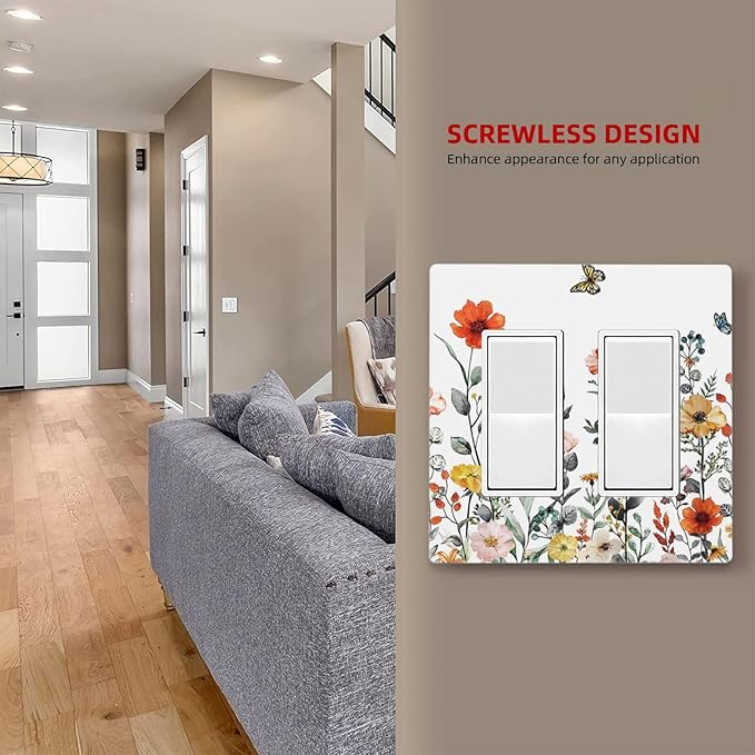 Vintage Colorful Floral Butterfly Wild Flower 2 Gang Double Decorator GFCI/Rocker Wall Plate Spring Nature Blossom Border Electrical Outlet Decorative Receptacle Cover Light Switch for Dimmer, USB