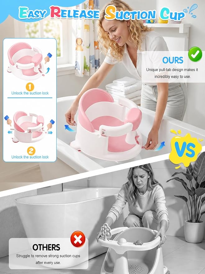 Baby Bath Seat for Babies 6 Months & up with Suction Cups, Non-Slip Infant Bath Chair, Ergonomic Baby Bathtub Seats for Babies Sitting Up, BPA-Free Toddler Bath Seat, Easy-Release Pull Tab, Pink