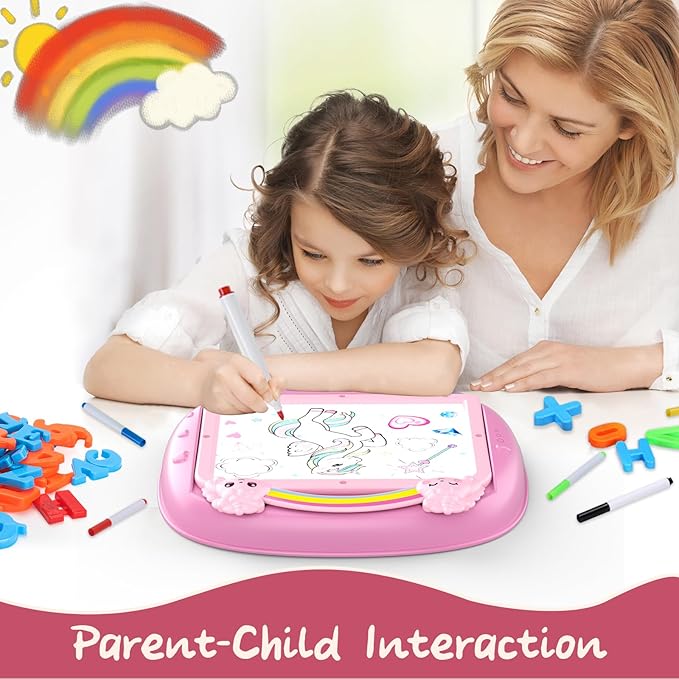 Cokzer Unicorn Gift for 1-2 Years Old Girl, Magnetic Drawing Board with Magnetic Letters and Numbers, Portable Toddler Educational Toy, Birthday for 1-2 Years Old Girl (Pink)