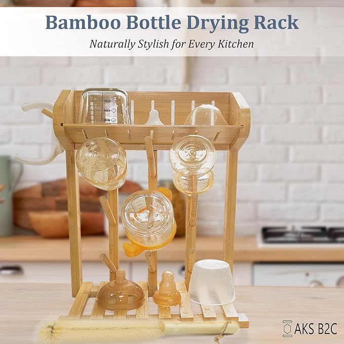 Bamboo Baby Bottle Drying Rack, Vertical Space Saving Kitchen Organizer, 9 Bottle Capacity, Countertop Storage Holder and Bottle Dryer with Draining Base (Comes with a Free Cleaning Brush)