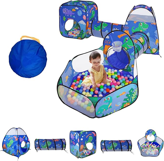 Gift 5PC Dinosaur Kids Play Tent with Ball Pit, Crawl Tunnel, Toddlers Playhouse Castle Toys, Baby Boys Girls Gift for 3 4 5 6 7 Years Old, Outdoor Indoor(Balls Not Included