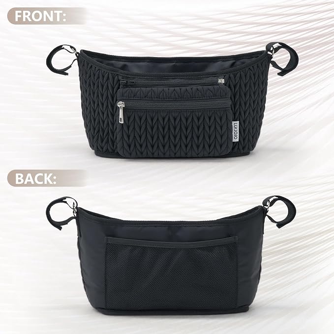 Stroller Organizer - Stylish Quilting Nylon, Universal Fit, Detachable Bag, Adjustable Multi-Storage for Baby Stroller and Pet Stroller(Black-A