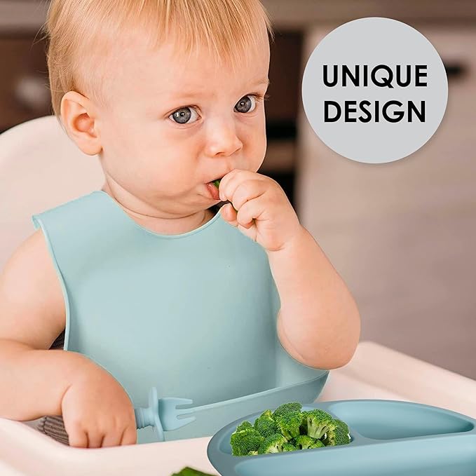 Bluet B- Silicone Baby Feeding Set - Baby Led Weaning Supplies - Baby Spoons, Suction Bowl - Plate - Baby Utensils Set - Silicone Feeding Set for Baby First Foods, Infant Eating - 8pcs - Light Blue