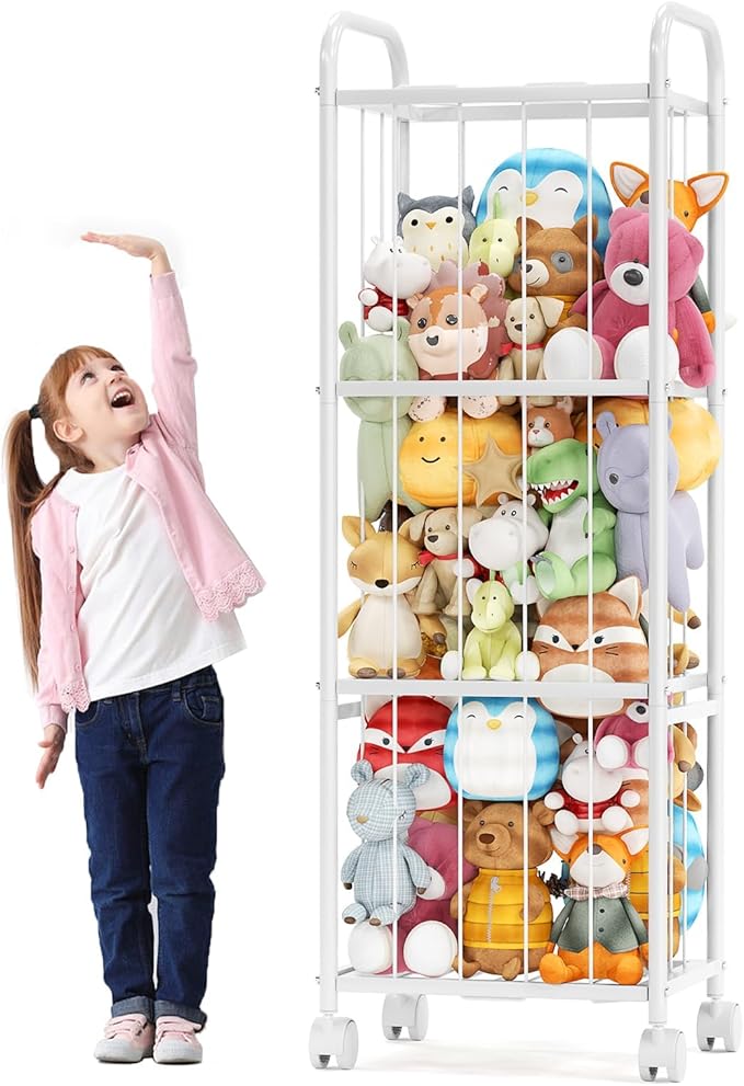 Stuffed Animal Storage Metal Tube Extra Large Toy Storage Organizer with Brake Wheels, Stuffed Animal Holder Zoo Organizer for Nursery Playroom Kids Room White(53.5??x 18.1?�x 13??