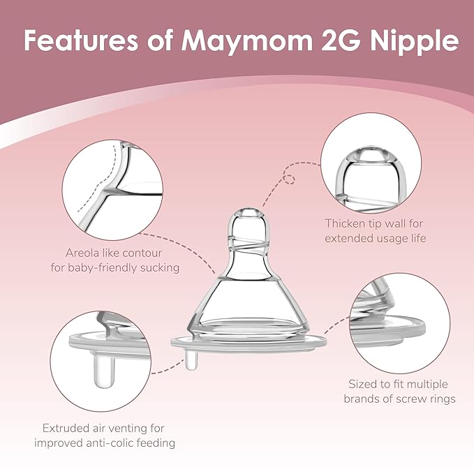 Maymom Wide-Mouth Milk Collection Storage and Feeding Bottle with Nipple, Pink Screw Ring, Dome Cap, Bottle Top, SureSeal Sealing Disk; Compatible with Spectra Pump/Motif Luna; 2 pc (9Oz/280mL)