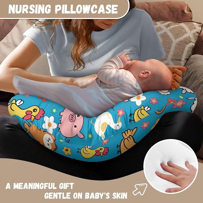 Newborn Nursing Pillowcase for Boys and Girls Soft and Cosy Stretchy. with Hidden Zip Ideal for Breastfeeding with Farm Animals and Floral Prints(Pillowcase Only)
