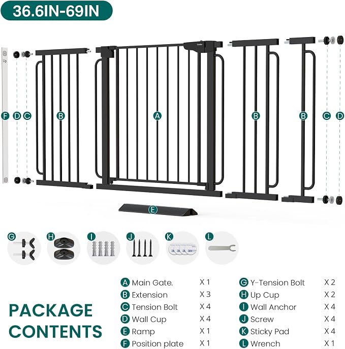 Cumbor Extra Wide Baby Gate, 36.6-69" Walk-Through Dog Gate for Stairs, Doorways & Hallways, 30.5“ Tall, Auto-Close & Dual-Swing Safety Child Gate Indoor, Easy Install Pressure-Mounted Pet Gate, Black