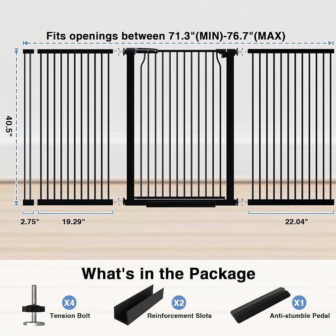 40.55" Extra Tall Baby Gate for Stairs-71.3"-76.7" Wide 1.37" Ultra Narrow Spacing Extra Wide Pet Cat Gate Dog Gate-Auto-Close Pressure Mounted Dog Door for Pets and Kids,Black