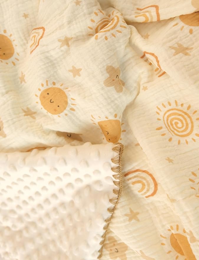 Baby Blanket 40x40 Inches,Muslin Cotton and Minky Dotted Double Layer Soft Receiving Blanket for Newborn Toddler,Boho Sky