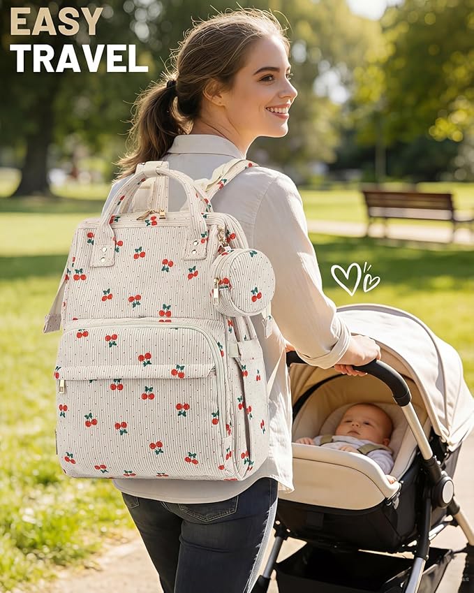 Corduroy Diaper Bag Backpack, Large Capacity Multifunction Baby Diaper Bags for Women, Insulated Bottle Pockets & Pacifier Case, Stylish Travel Nappy Changing Bags for Mom Dad (Cherry)