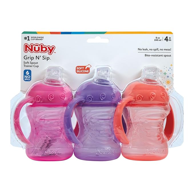 Nuby 3-Pack Two-Handle No-Spill Super Spout Grip N' Sip Cup, 8oz, 3 PK - Coral, Pink, Purple