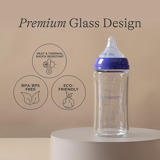 Lansinoh Anti-Colic Glass Baby Bottles, 5 Ounces, 4 Count Bottles for Feeding, Baby Essentials, Includes 4 Extra Slow Flow Nipples, Size XS