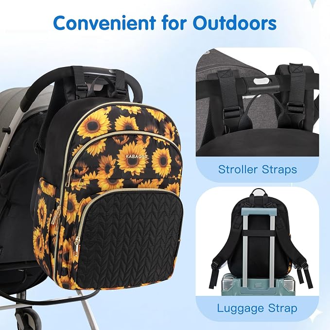 KABAQOO Baby Diaper Bag Backpack, Waterproof Diaper Backpack for Mom & Dad with Changing Pad, Insulated Pockets and Stroller Straps, Baby Shower Gifts for Girls & Boys, Sunflower