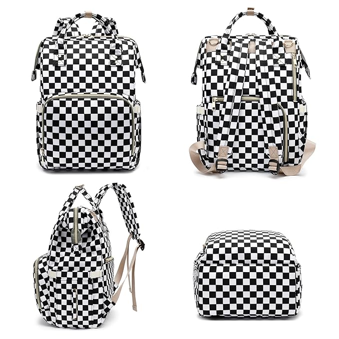 Checkered Diaper Bag Backpack for Baby Girls, Mom Waterproof Large Nappy Bags for Women