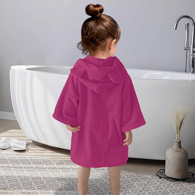 VOOVA & MOVAS Toddler Hooded Poncho Towel with Bear Ear, 0-24Months | 100% Cotton, Ultra-Soft & Absorbent | Gentle for Sensitive Skin, Bath, Pool & Beach Towel | Newborn, Rose Red