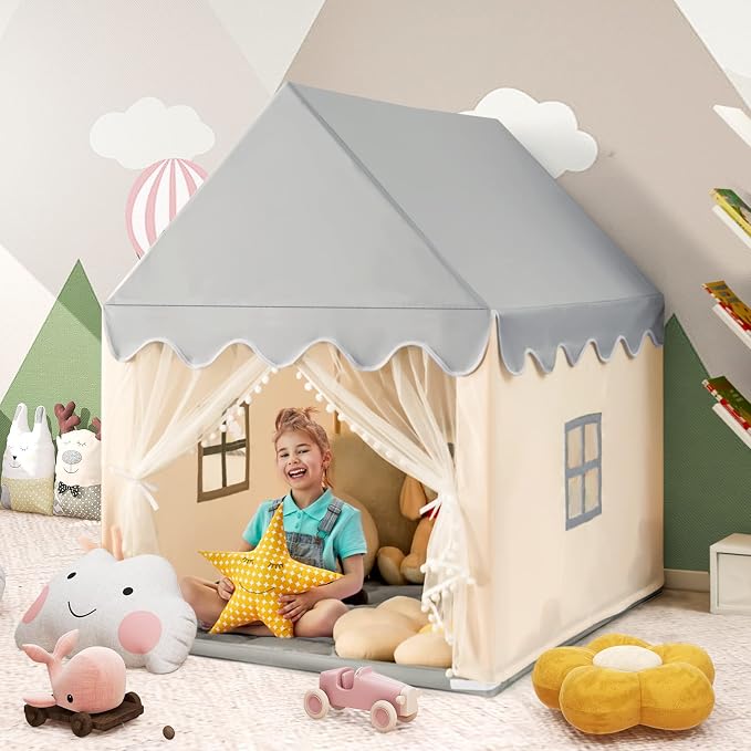 Costzon Kids Play Tent, Large Playhouse w/Washable Mat, Windows, Solid Wood Frame, Indoor Outdoor Princess Tent for Children Boys & Girls, Castle Fairy Tent, Holiday Birthday Gift (Beige)