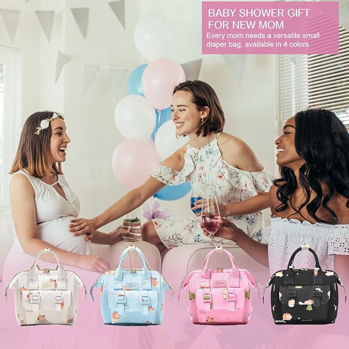 Small Diaper Bag Crossbody Backpack, 4 in 1 Mini Travel Mommy Tote w/Shoulder for Stroller, Small Toddler Daiper Tote with Insulated Pockets, Compact Baby Bag for Mom (Pink Animal)