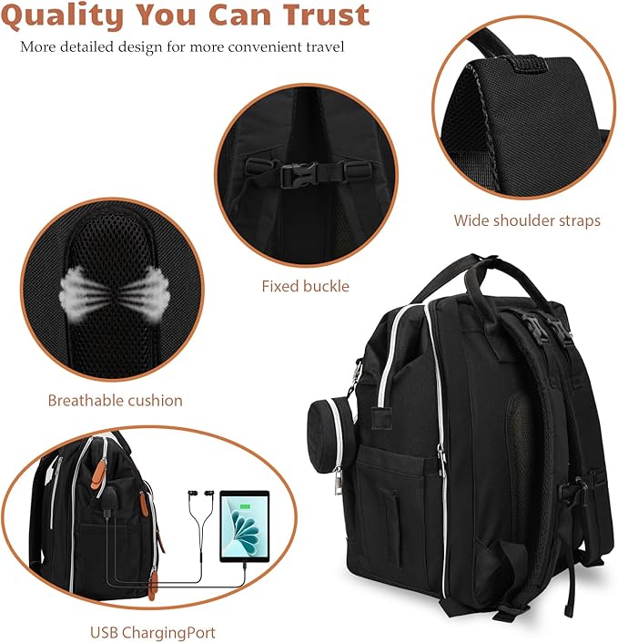 Diaper Bag Backpack for New Parents, Large Capacity Baby Travel Bag with Bottle Holders, Multiple Compartments (Black)
