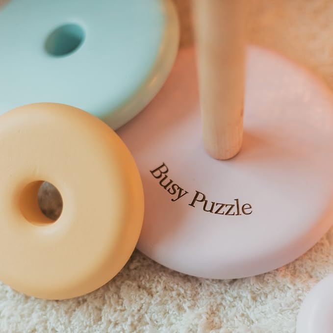 BUSY PUZZLE Wooden Ring Stacker, Baby Nursery Decor, Wooden Baby Toy, Montessori Toys, Pyramid Toy, Sensory Toy, Stacking Toys
