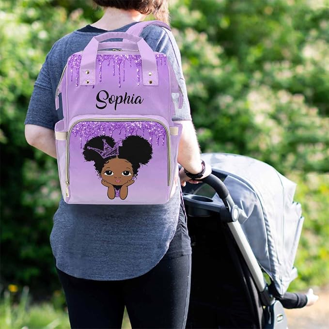M YESCUSTOM Custom Name Diaper Bag, Personalized Purple Glitter Nylon Nursing Mommy Bags Gradient Waterproof Travel Backpack with Large Capacity for Women