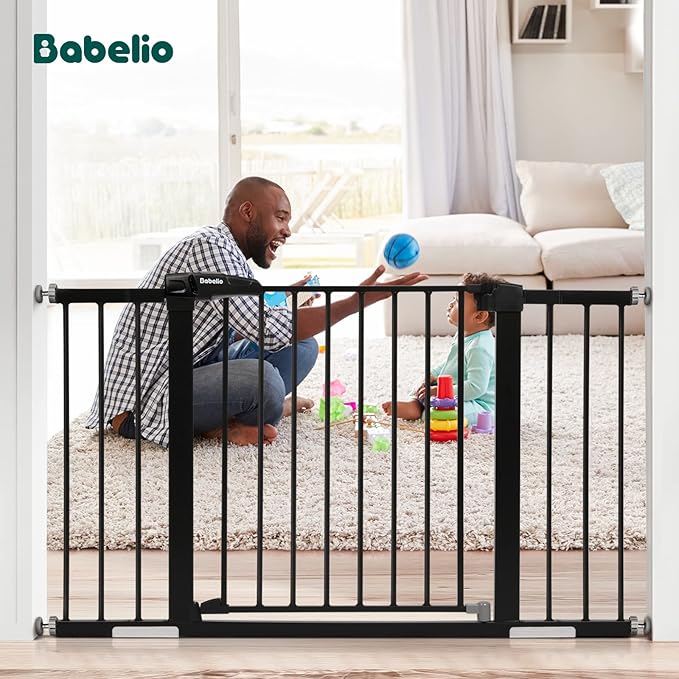 BABELIO Metal Baby Gate, 2.75 Inch Black Extension, Extra Wide Baby Gates for Stairs & Doorways, Pressure Mounted Walk Thru Child Gate with Door, NO Need Tools NO Drilling,28" Tall