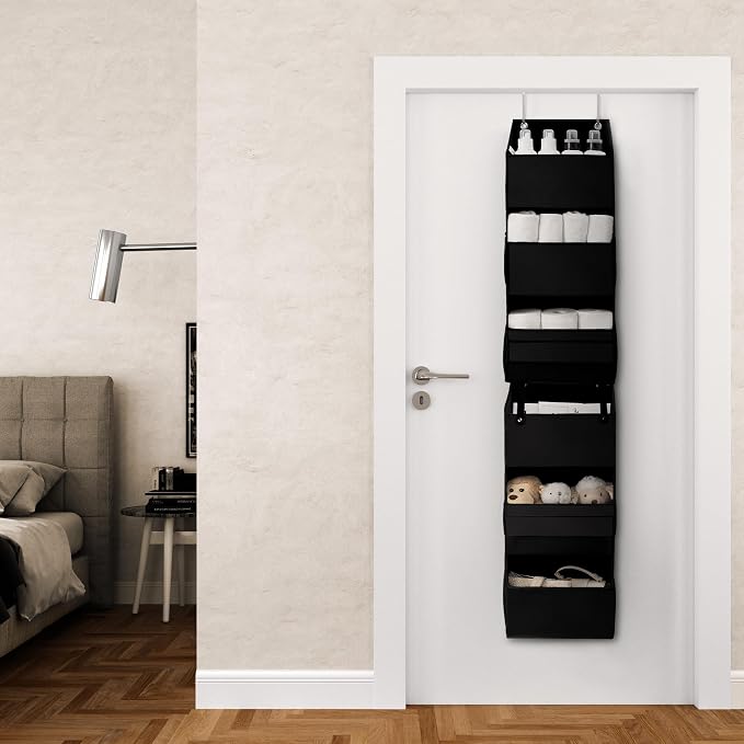 GRANNY SAYS Back of Door Organizer, 6-Shelf Detachable Over the Door Baby Organizer with 8 Pockets, Anti Tilt 40lb Large Capacity Hanging Diaper Storage for Nursery, Bedroom, Kids Room, Black