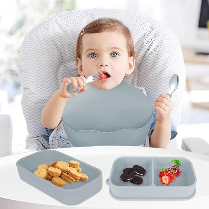 Travel Silicone Baby Feeding Set with 316 Stainless Steel Spoon & Fork ,Silicone Suction Plates, Foldable Bib, Storage Bag - Portable Infant Toddler Utensils, 6-Piece BPA-Free Dishware Kit(gray)