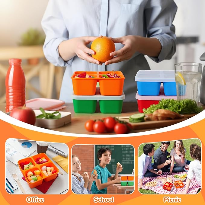 Roshtia 4 Pack Silicone Food Containers with Lids, Reusable Thickened Bento Lunch Box Packs for Meal Prep Food Storage, Microwave Dishwasher Safe(4 Compartment,Bright)