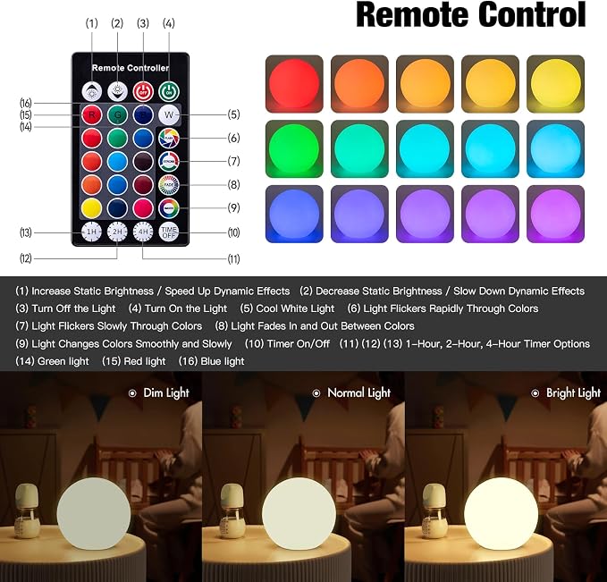 Kids Night Light, Dimmable Bedside Lamp, for Baby Nursery and Room Décor, 16 RGB Color-Changing, 4.8Inch Globe Light, Waterproof Floating Pool Light, Rechargeable Ambiance Light with Remote Control