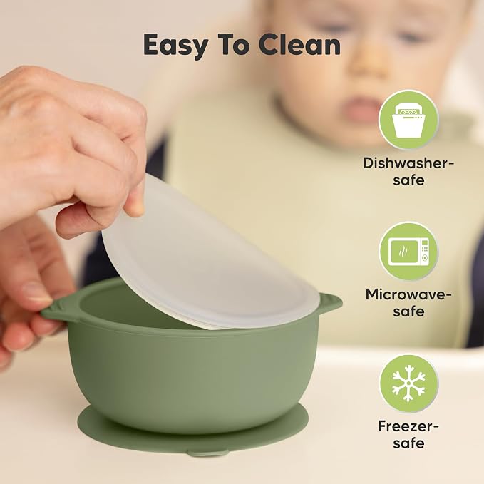 KeaBabies 6-Pack Silicone Baby Spoons and 2-Pack Baby Bowls with Suctions and Lids - Toddler First Food Training Spoon, Silicone Suction Bowls for Boy, Girl
